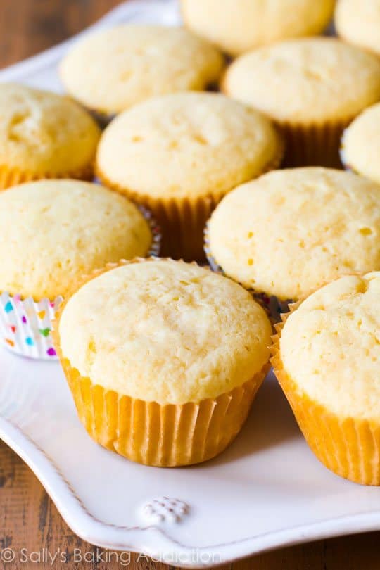 yellow cupcakes without frosting on a white plate