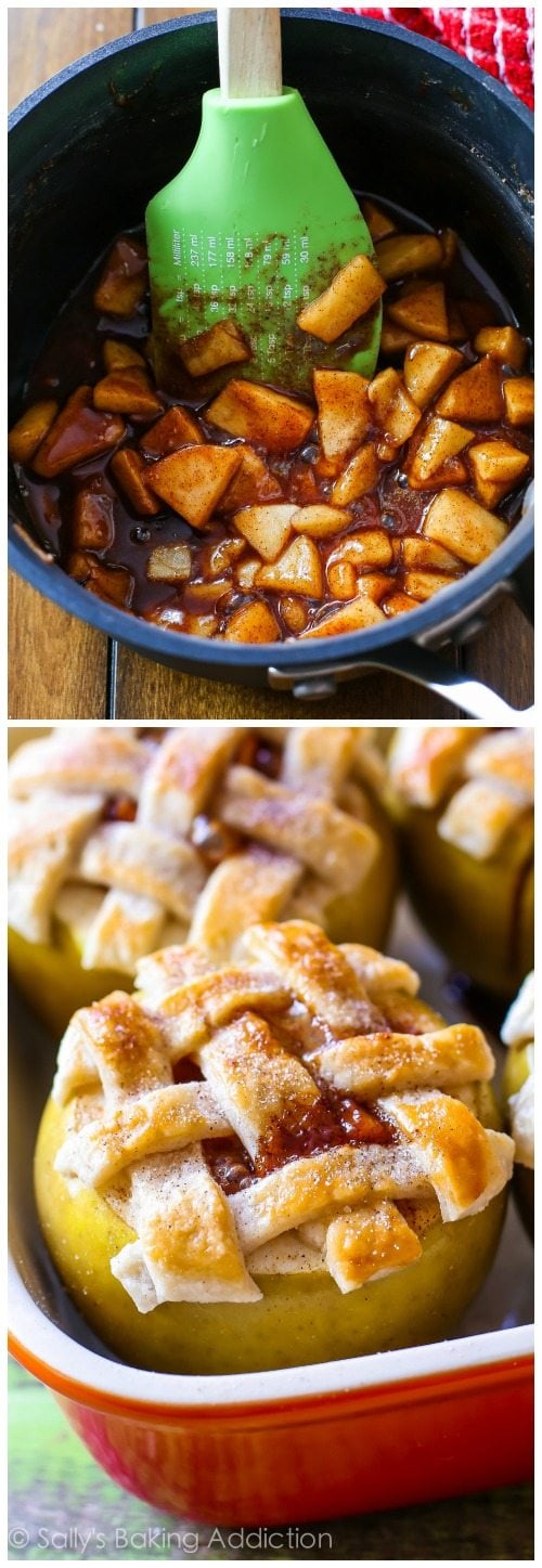 2 images of apple pie filling in a saucepan with a spatula and apple pie baked apples in a baking dish after baking