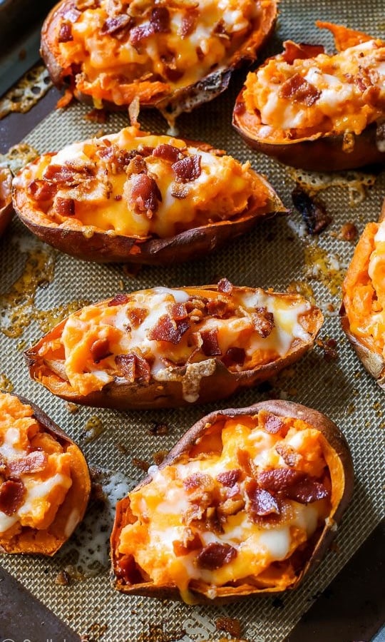 loaded sweet potato skins on a silpat baking mat