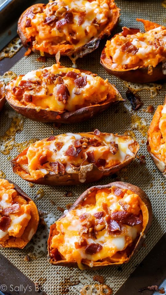 loaded sweet potato skins on a silpat baking mat