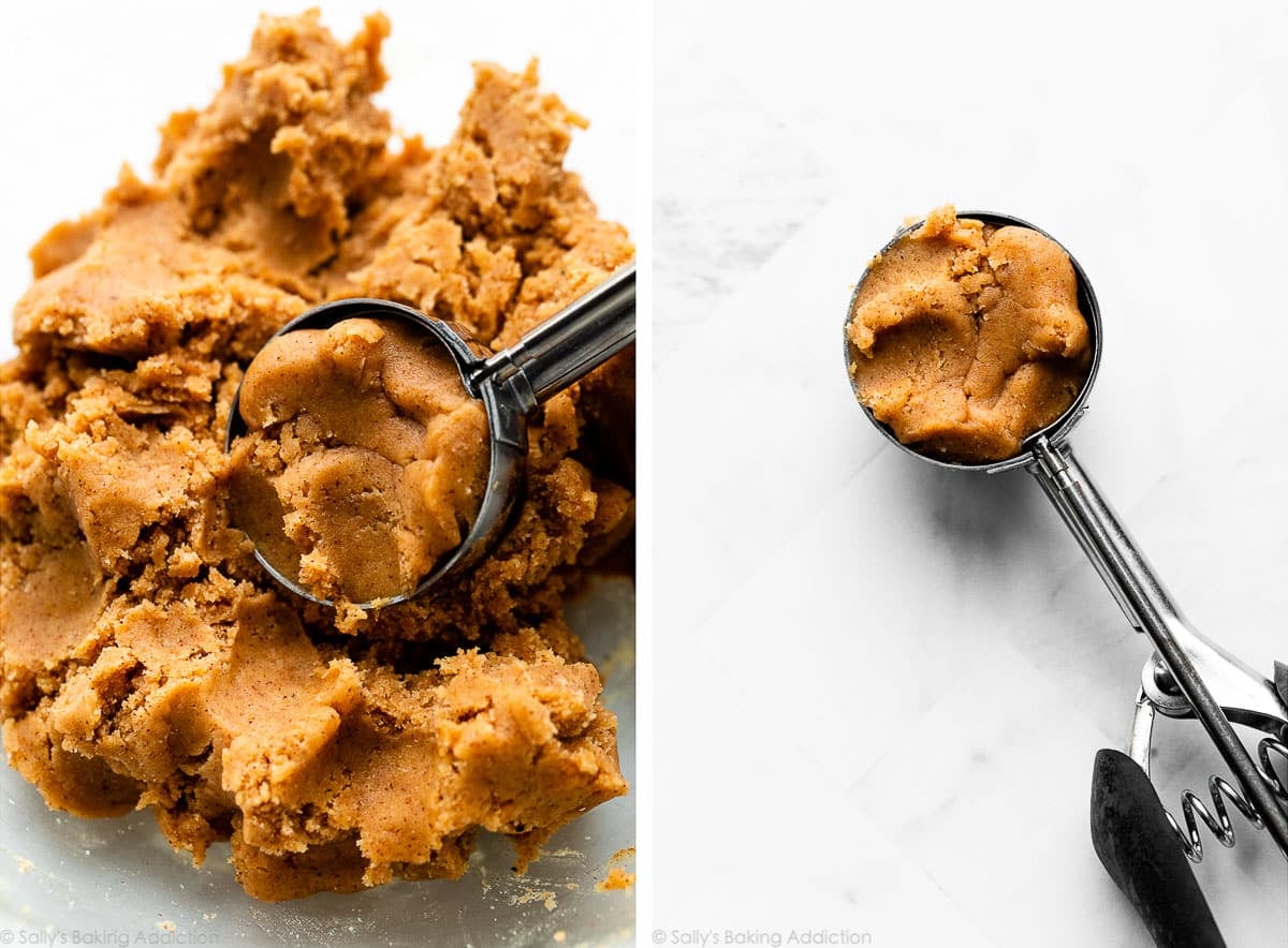 pumpkin cookie dough in bowl and in cookie scoop.