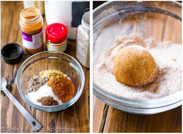 2 images of chai spice blend in a glass bowl and a cookie dough ball in a glass bowl of spices