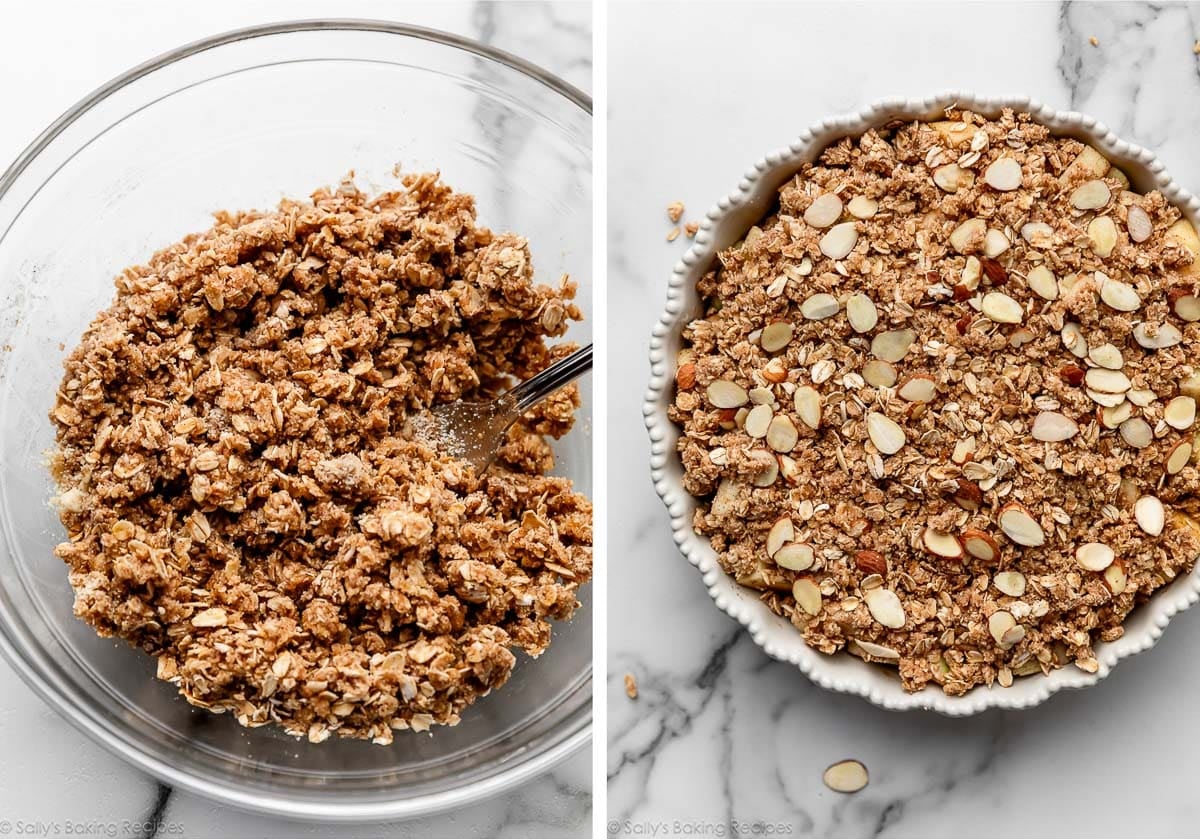 oat almond topping in glass bowl and shown again in white pie dish.