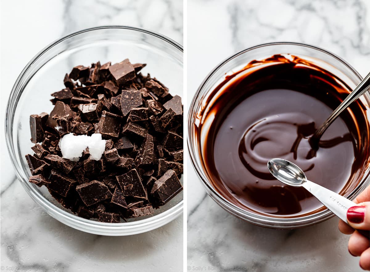 chopped chocolate and coconut oil in bowl and shown again melted with a quarter teaspoon held over it.
