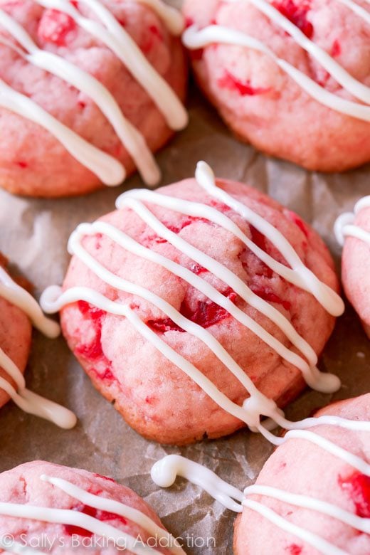 cherry almond shortbread cookies with white chocolate drizzle
