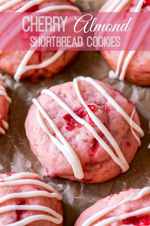 cherry almond shortbread cookies with white chocolate drizzle