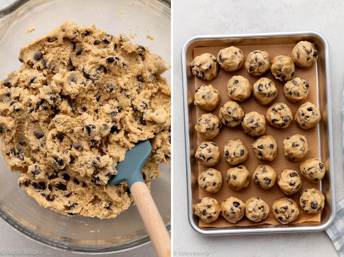 cookie dough in glass bowl and shown again shaped into balls.