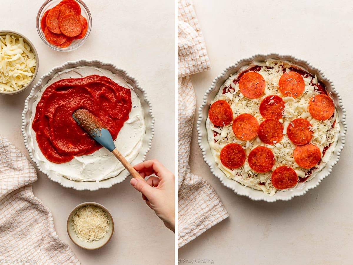 spreading pizza sauce on cream mixture and shown again with cheese and pepperoni on top.