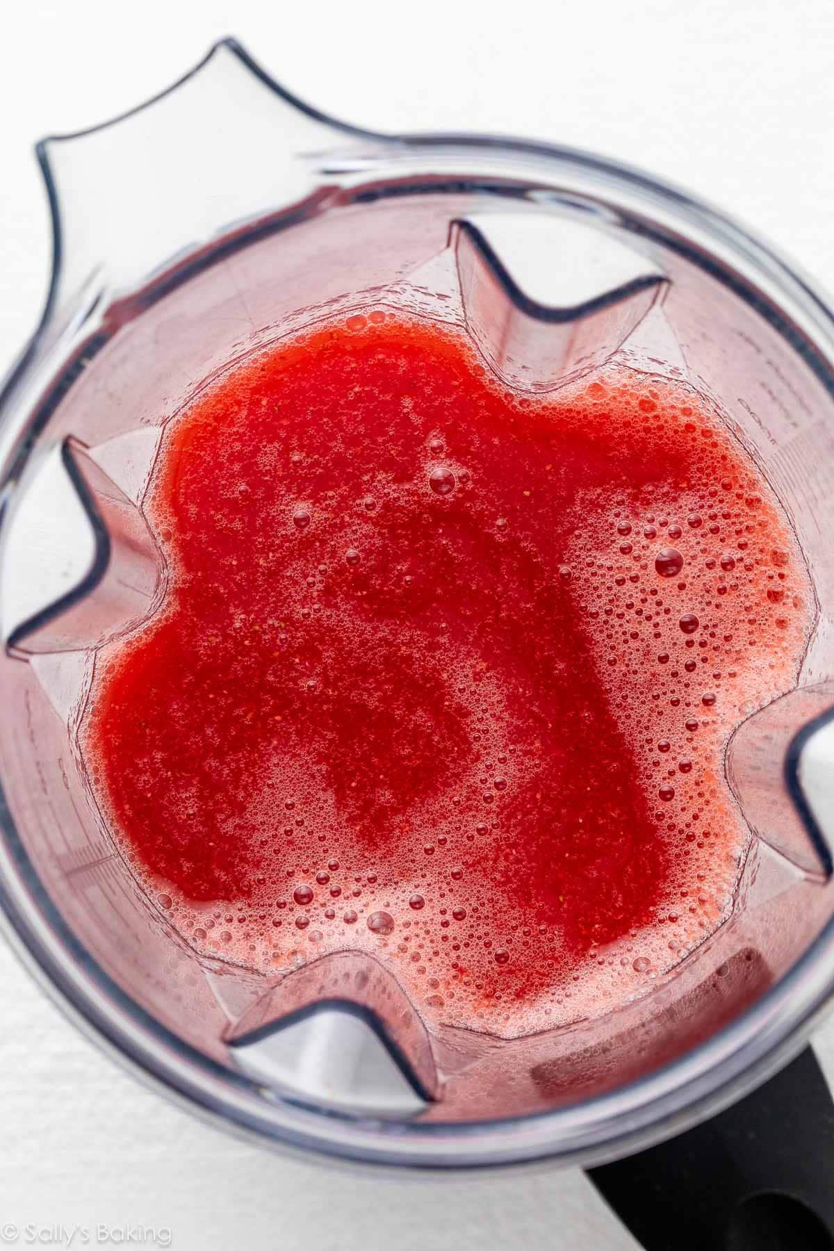 overhead photo of strawberry mixture in blender.