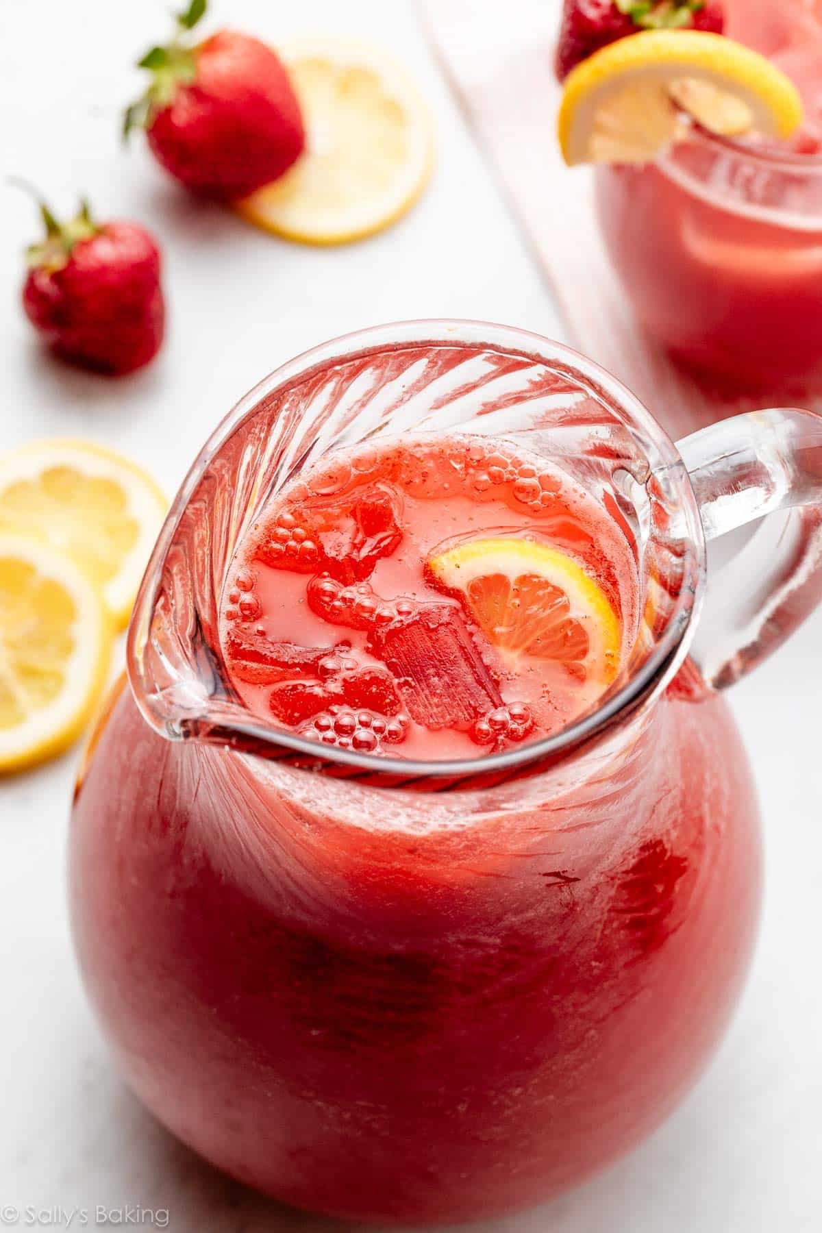 pitcher of homemade strawberry lemonade.