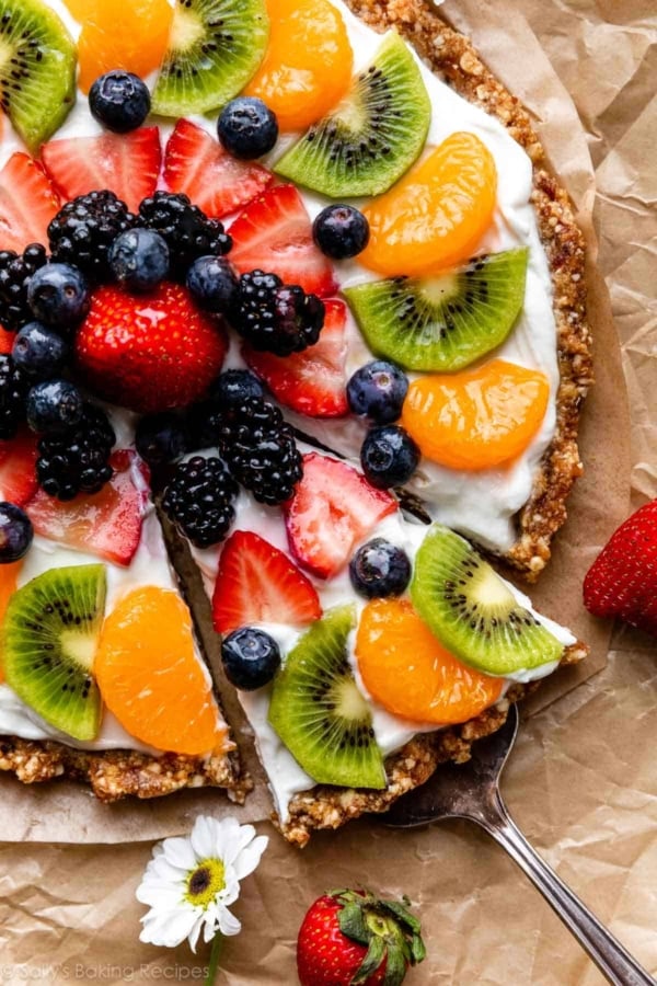 assorted fresh fruit on yogurt-topped no bake tart crust.