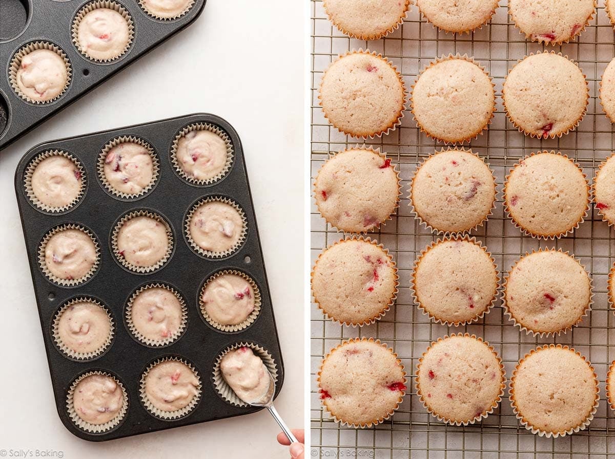 batter divided into muffin pans and shown again cooling on a cooling rack.