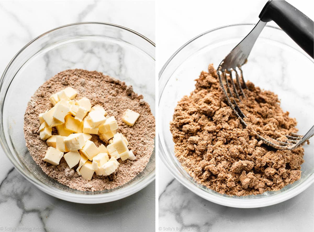 cubes of butter in bowl of crumbs and then shown again mixed in with a pastry cutter.