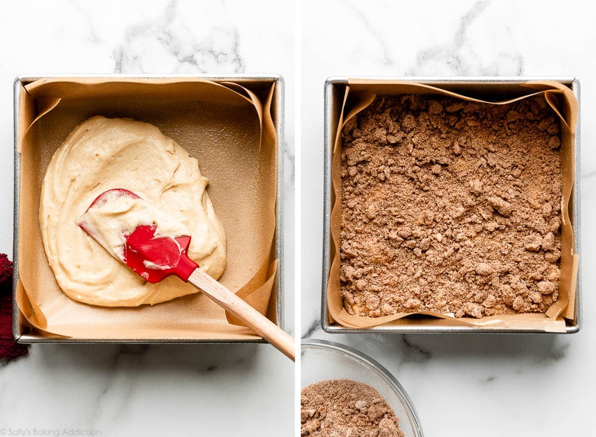 spreading batter in lined baking pan with red spatula and pan shown again with crumbs inside.