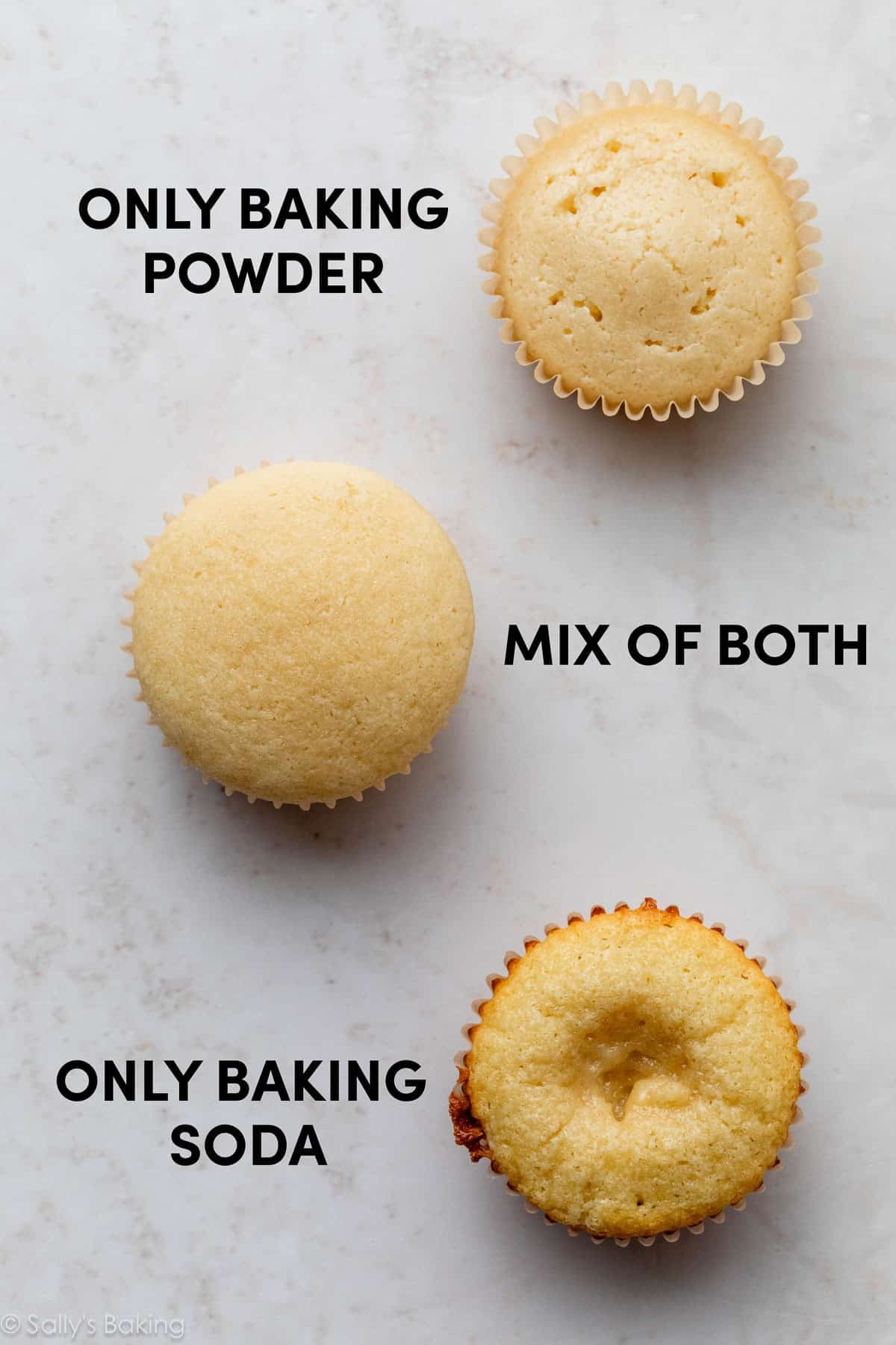 photo comparison of vanilla cupcakes made with baking powder, baking soda, and both.