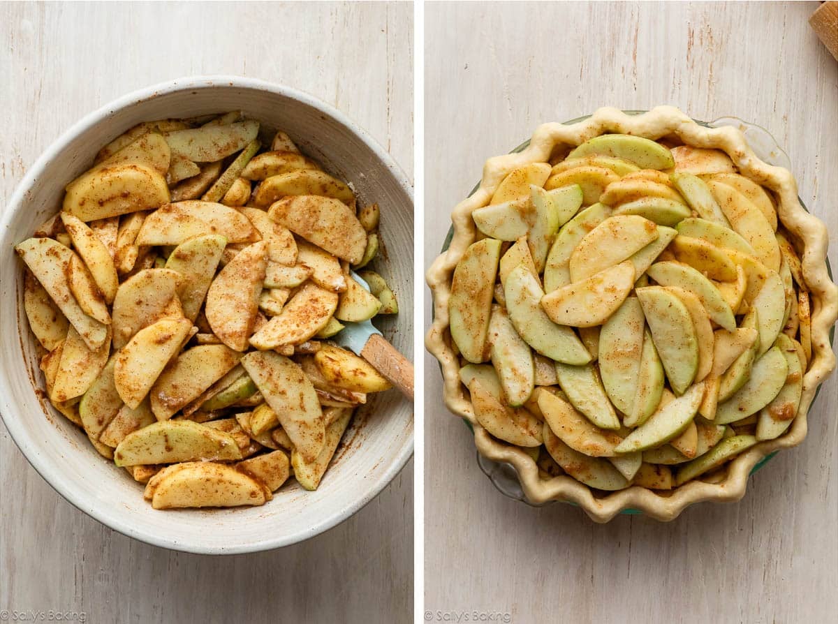 apple slices in bowl and shown again in crust.