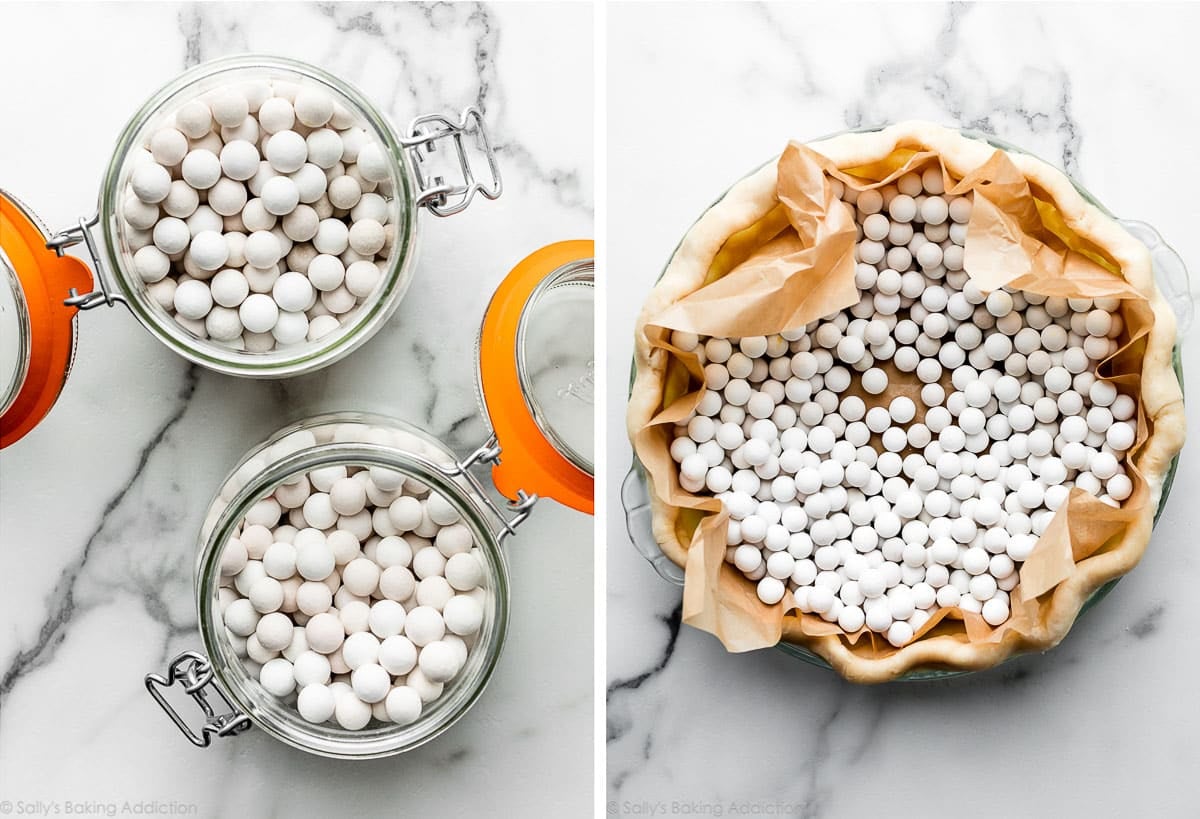 two jars of white pie weights and shown again filled into a pie crust shell lined with parchment paper.