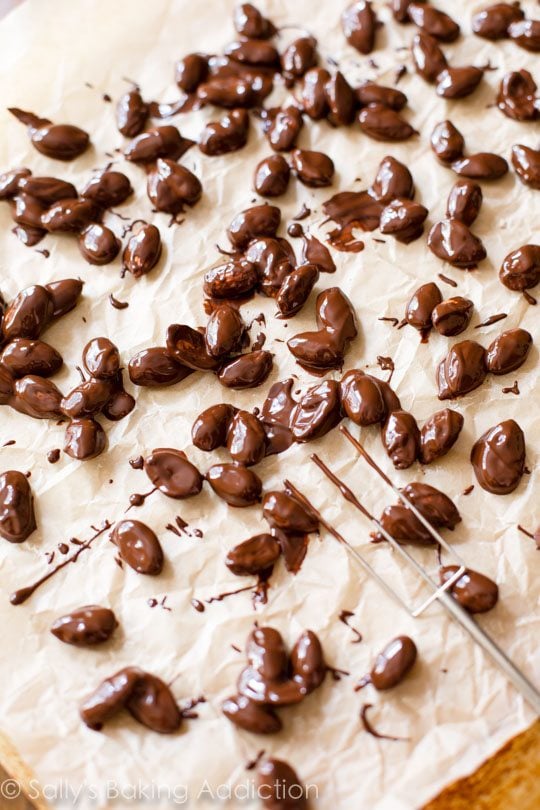 chocolate dipped almonds on parchment paper