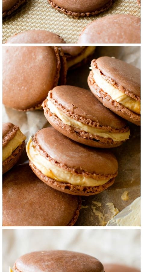 3 images of chocolate peanut butter macarons