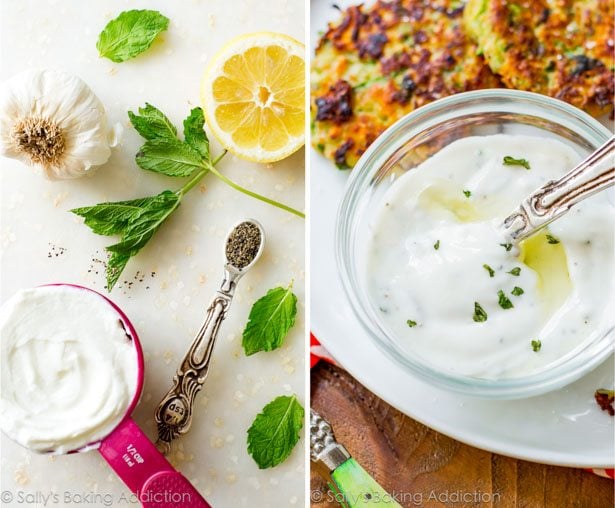 2 images of ingredients for garlic herb yogurt sauce and garlic herb yogurt sauce in a glass bowl