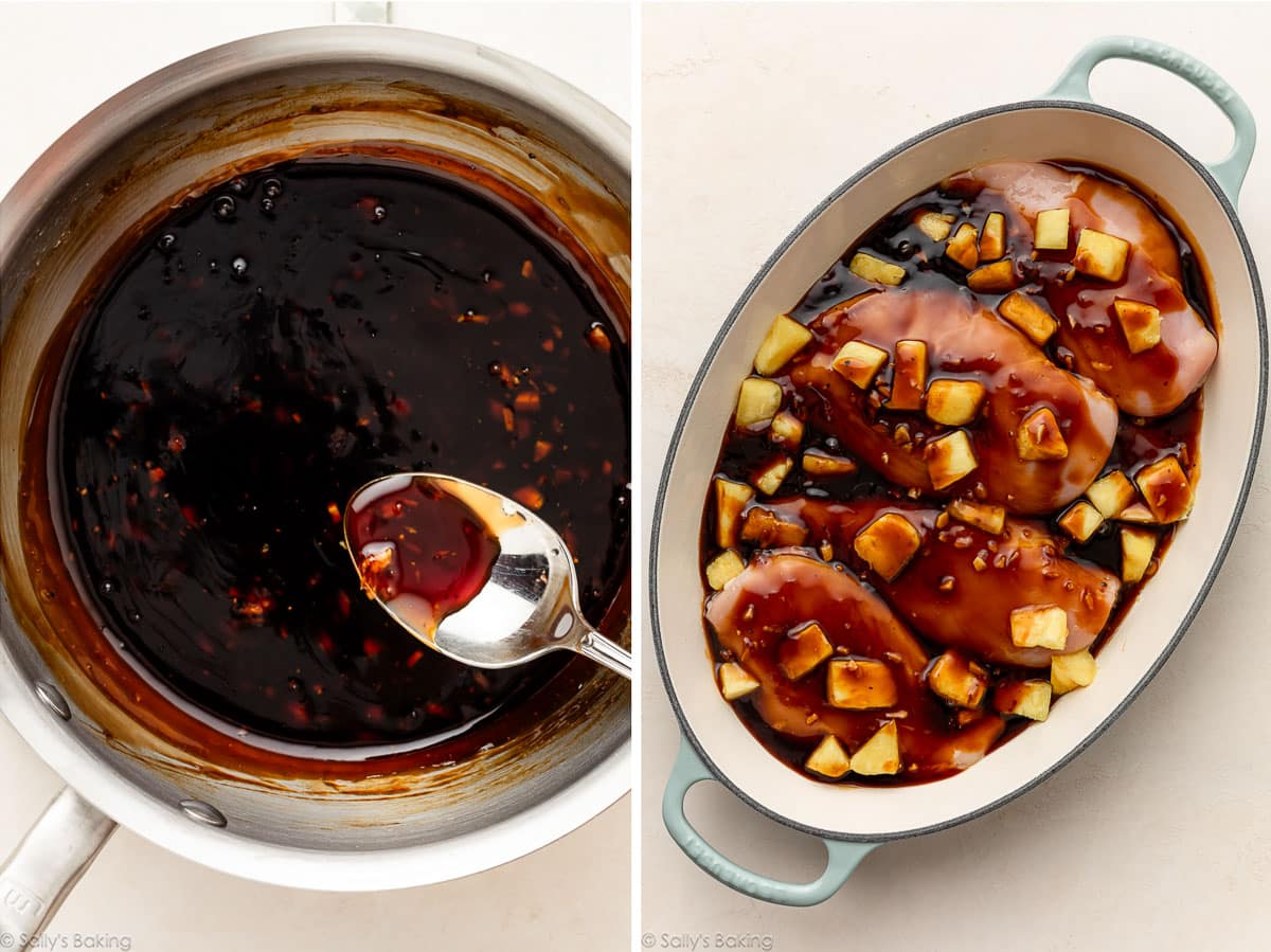 homemade teriyaki sauce on pot and shown again poured over raw chicken and pineapple in oval baking dish.