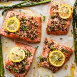 baked lemon garlic salmon and asparagus sheet pan.