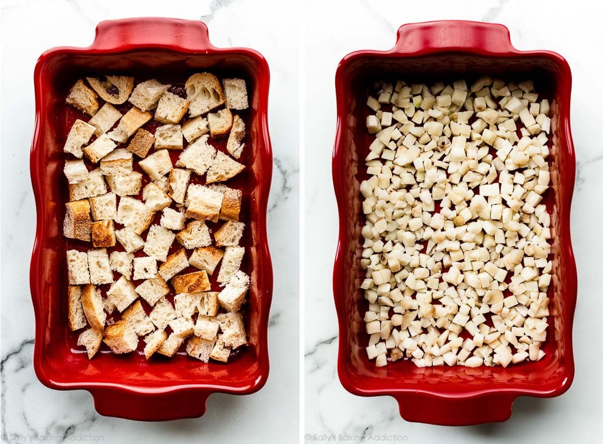chunks of bread and potatoes shown separately in bottom of red casserole dish.