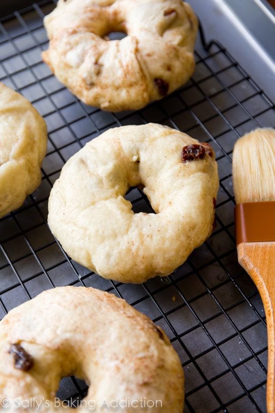 cinnamon raisin bagels after boiling on a cooling rack