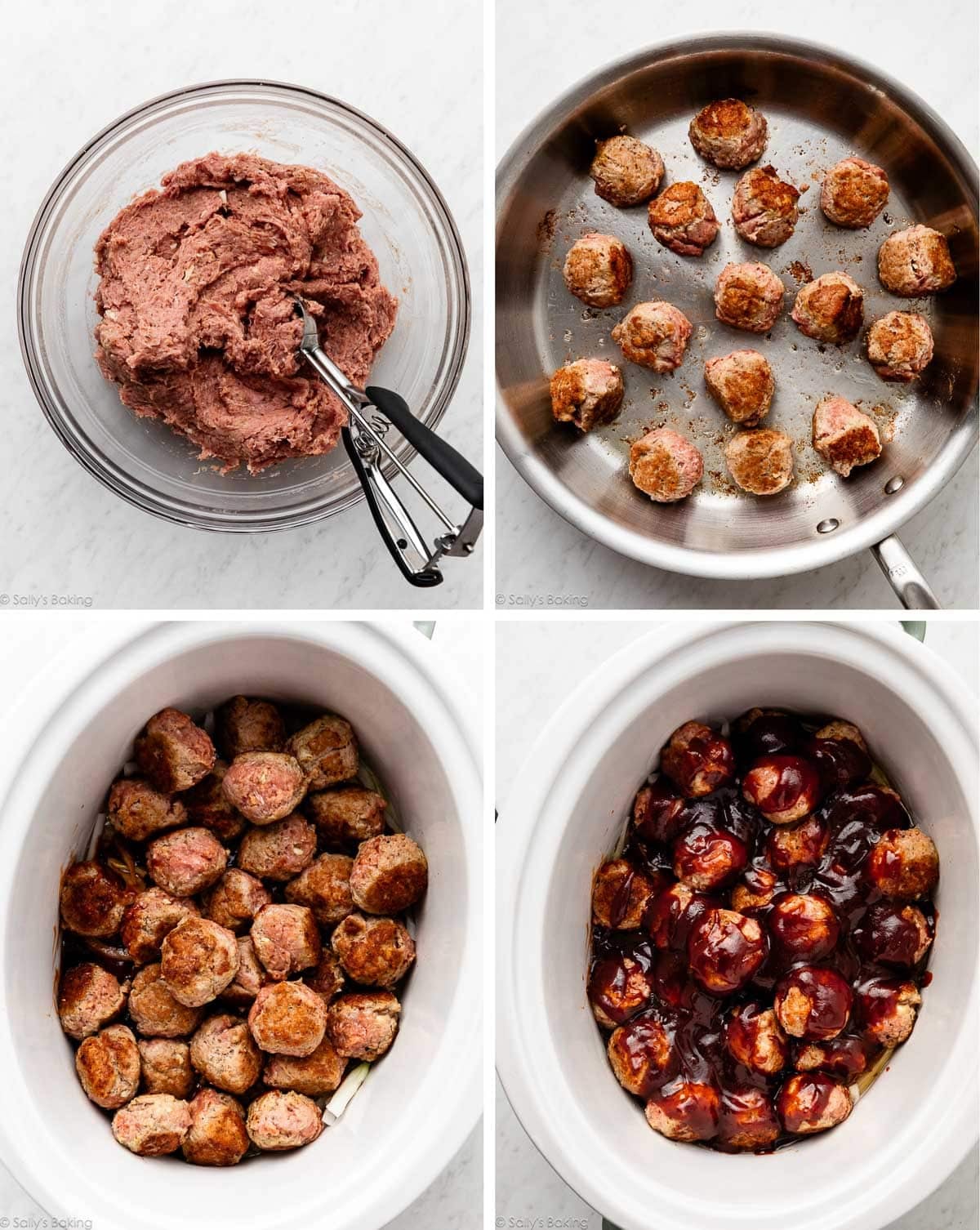 steps of shaping and placing meatballs in slow cooker.