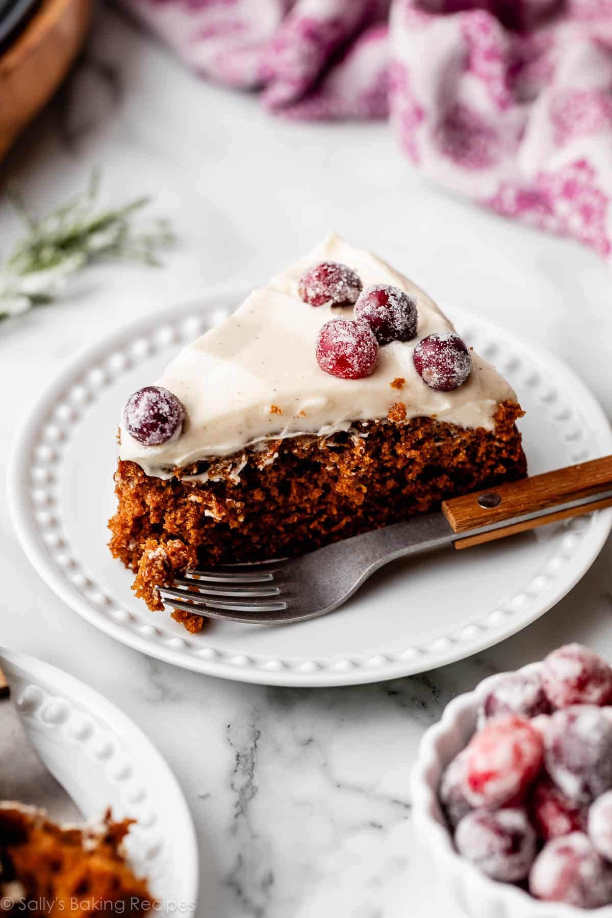 slice of gingerbread cake with cream cheese frosting on top and sugared cranberries.