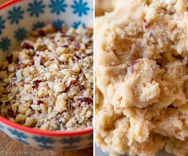 2 images of chopped hazelnuts in a bowl and cookie dough