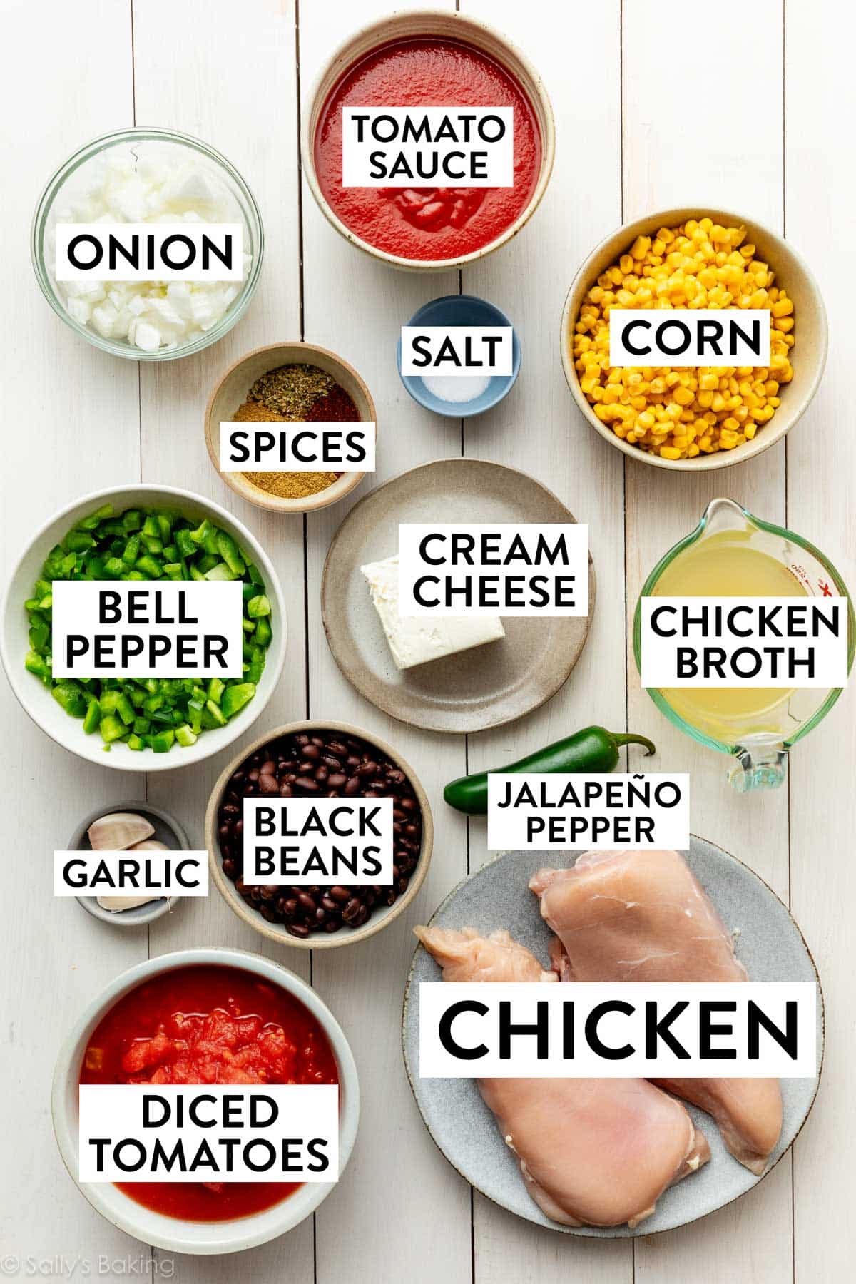 ingredients measured out including black beans, cream cheese, chicken broth, corn, tomato sauce, onions, spices, garlic, and salt.