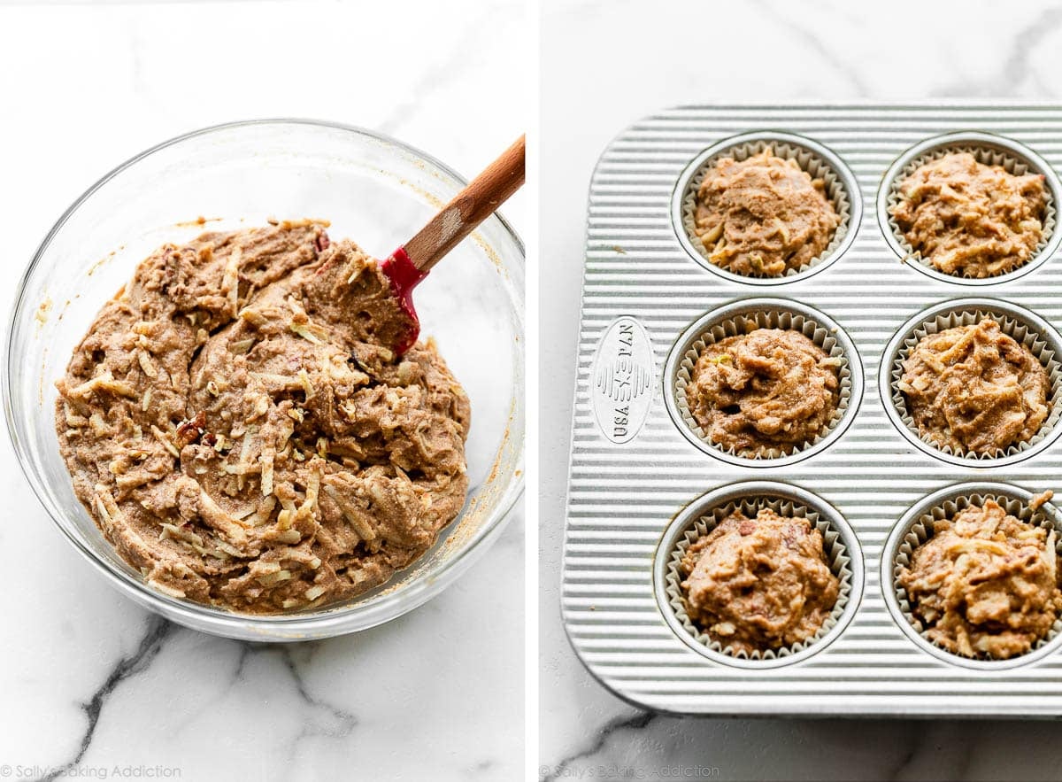 apple muffins batter in glass bowl and shown again in lined muffin pan.