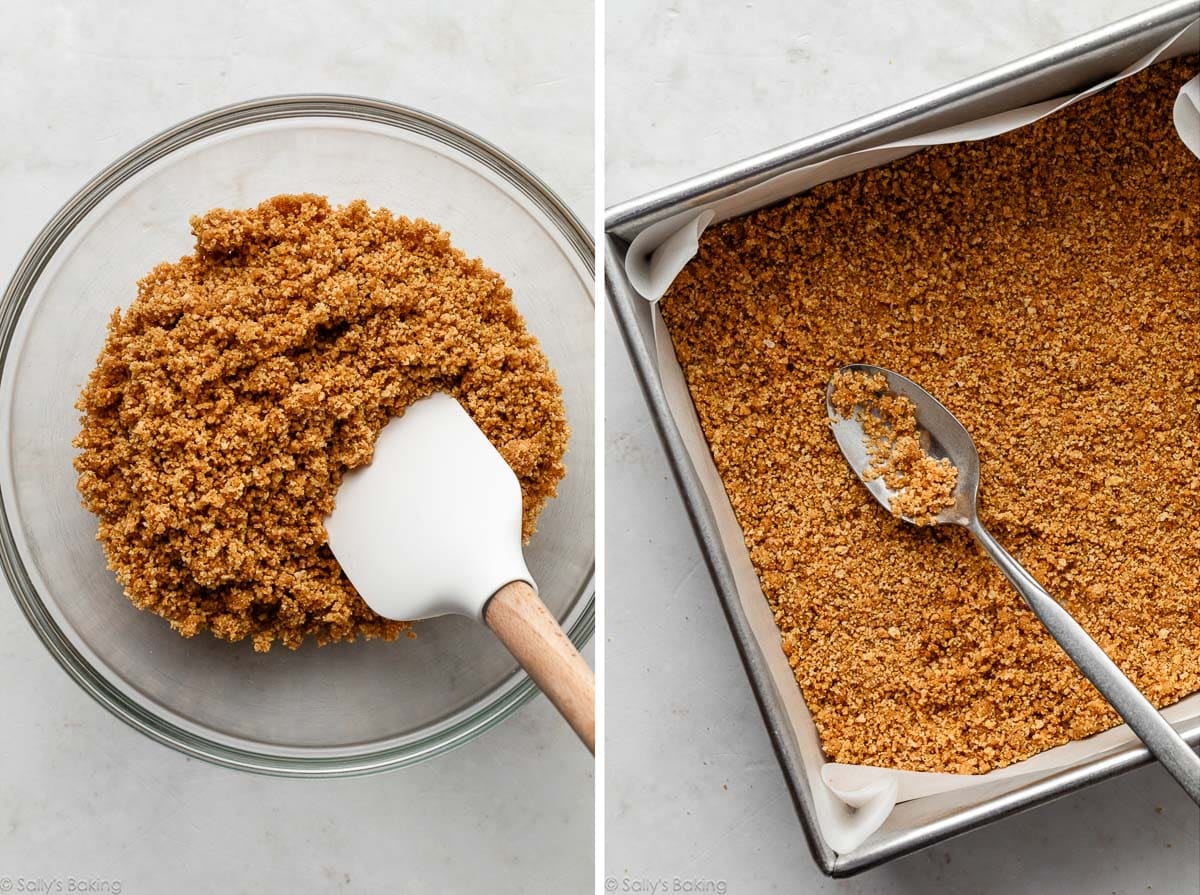 graham cracker crumbs in glass bowl with white spatula and shown again pressed into lined baking pan.