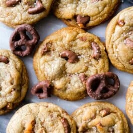 overhead image of chocolate covered pretzel cookies