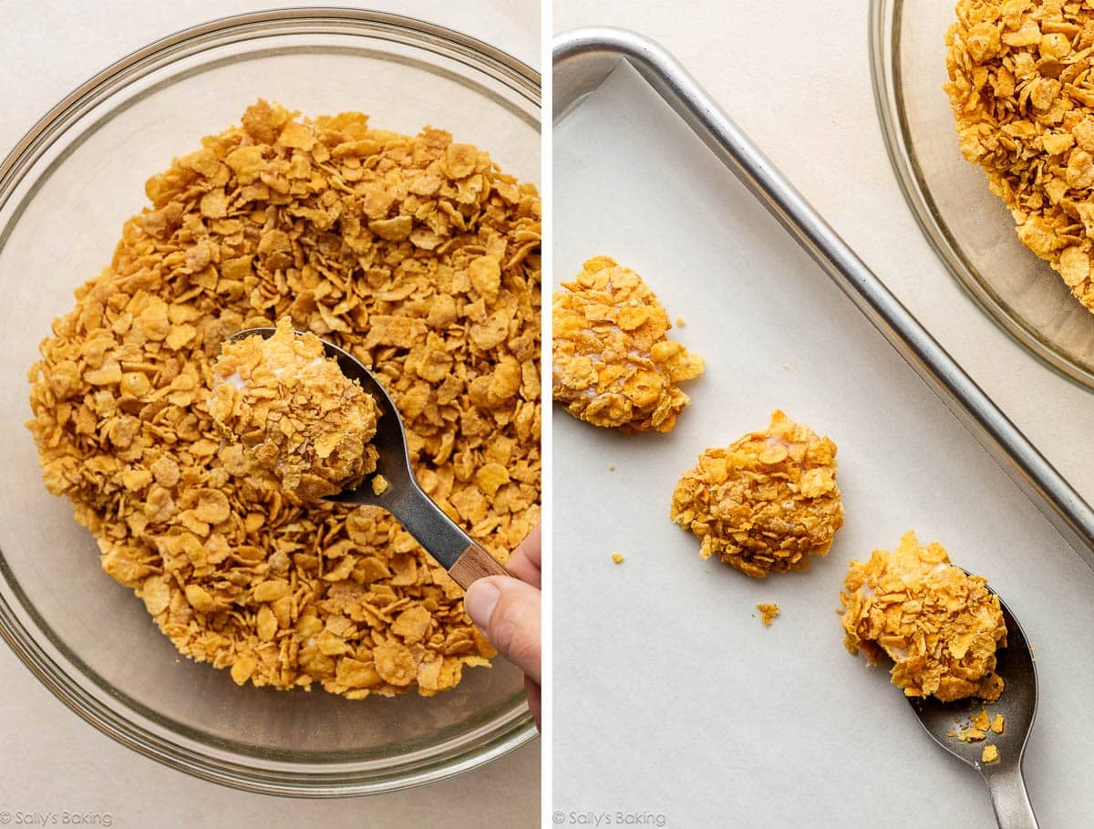coating chicken pieces in cornflakes.