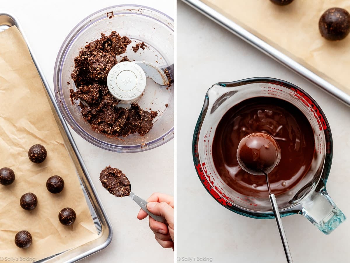 date nut mixture being spooned and rolled and shown again being dipped in chocolate.