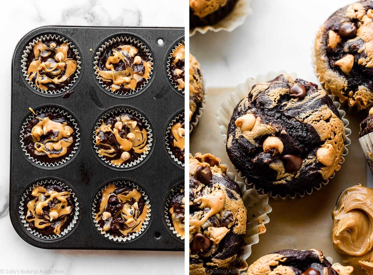 chocolate muffin batter swirled with peanut butter and shown again as baked muffins.
