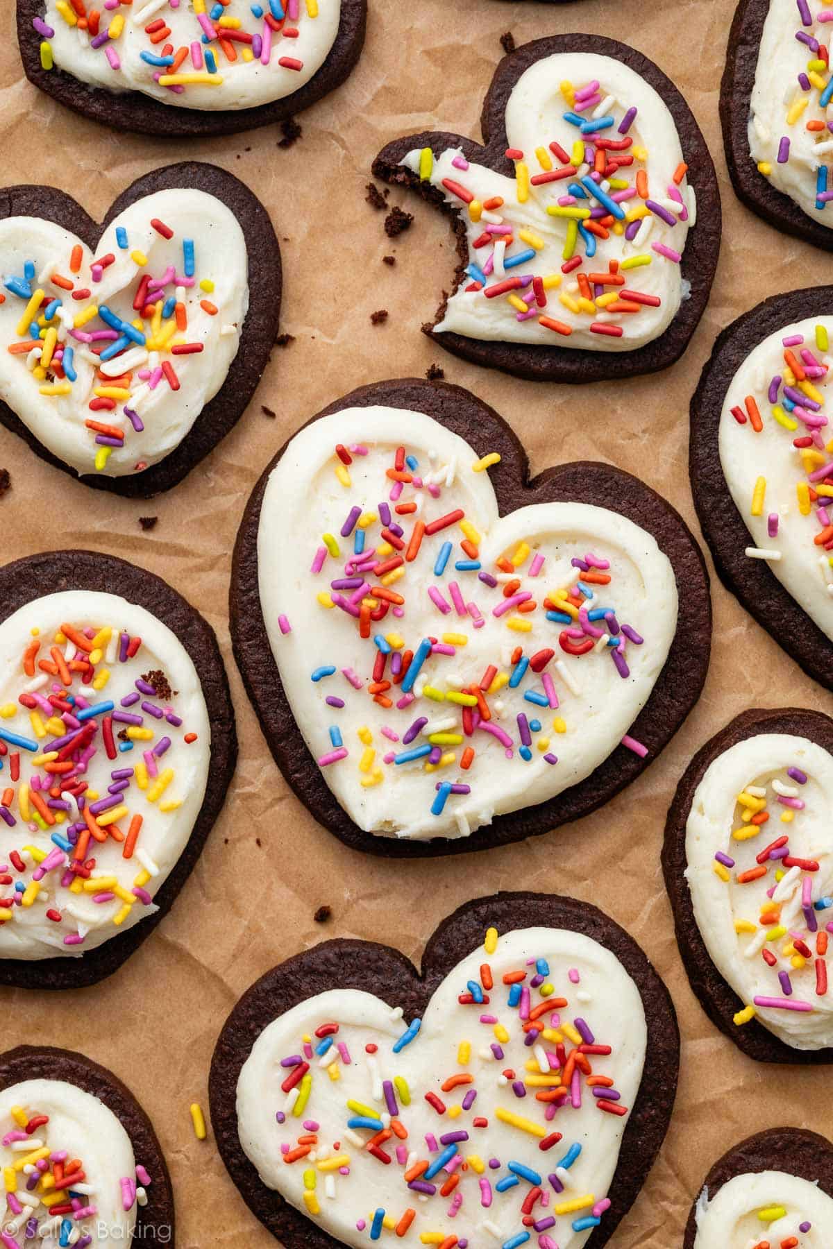 cut-out chocolate sugar cookies with buttercream and sprinkles.