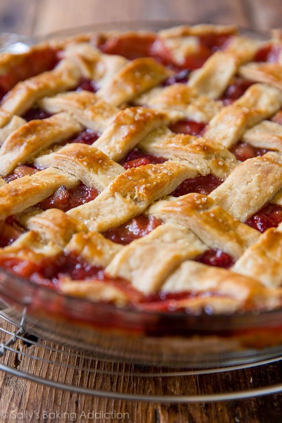 strawberry rhubarb pie in a glass pie dish