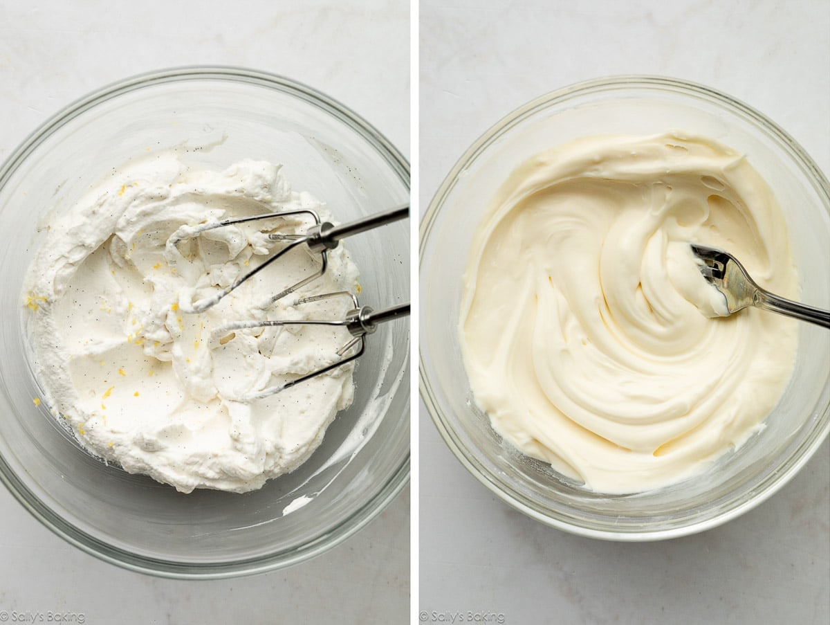 whipped cream in 1 bowl and mascarpone in another bowl.