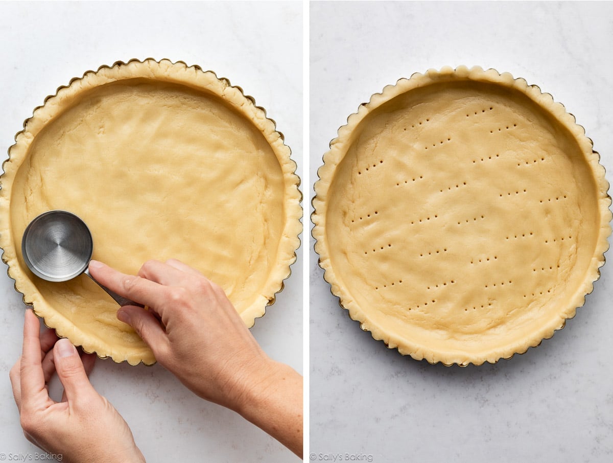 hand pressing dough into tart pan.
