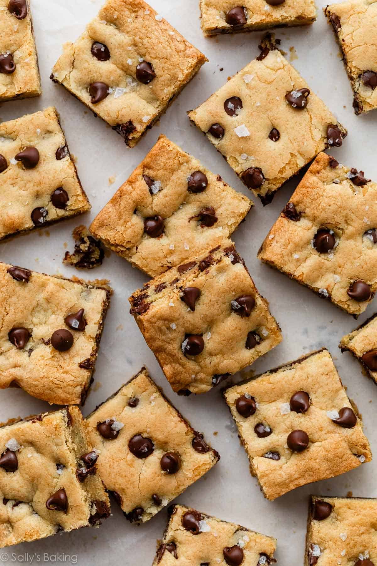 overhead of chocolate chip cookie bars with sea salt.