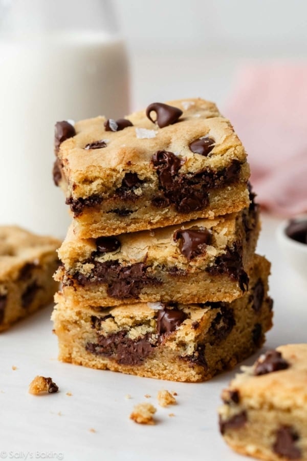 stack of chocolate chip cookie bars.
