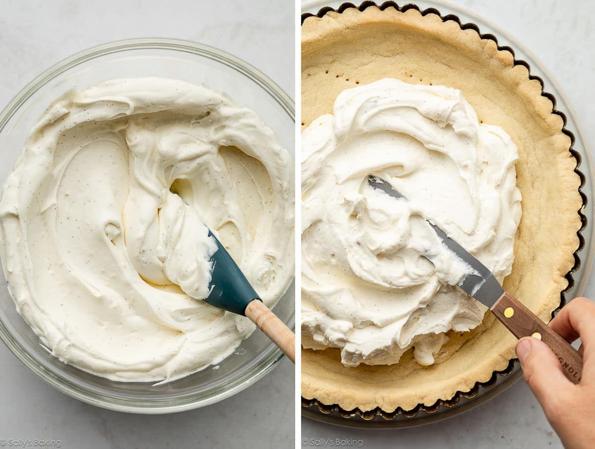 hand spreading cream filling into tart shell.