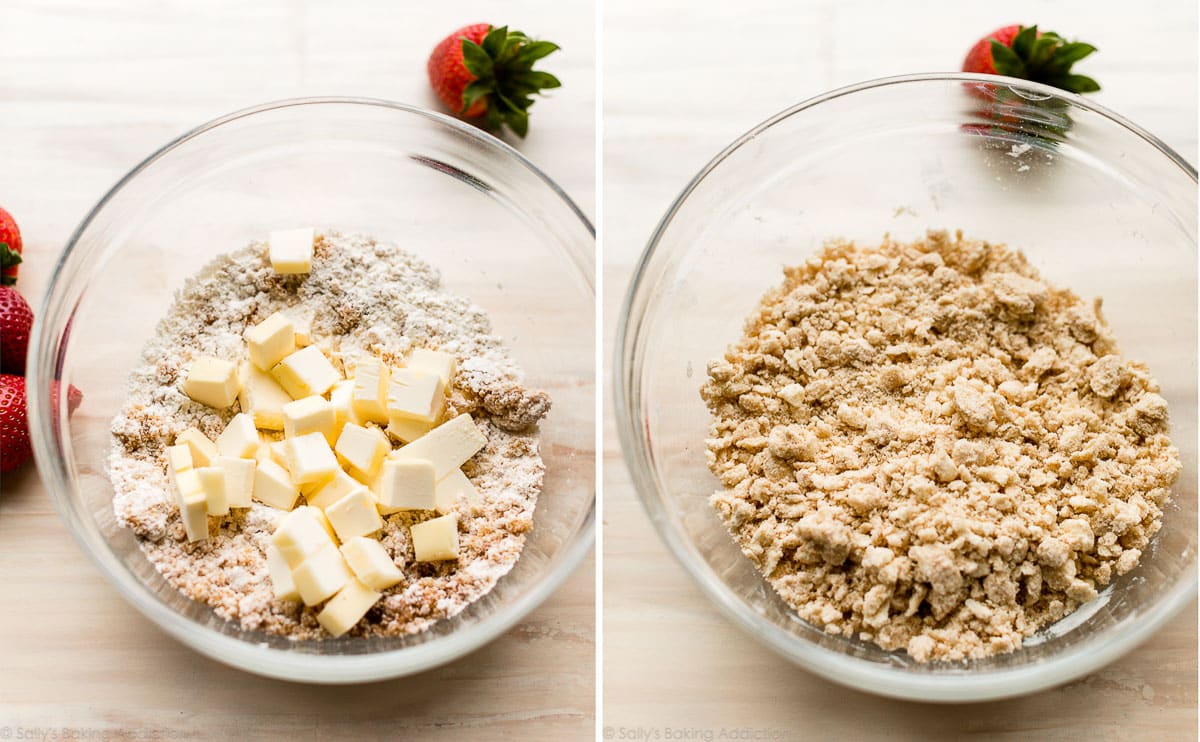 streusel topping mixture with cold butter before adding oats