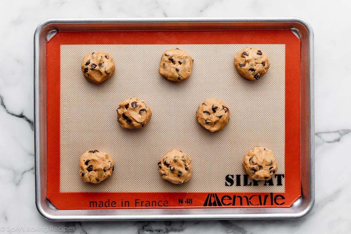 cookie dough pressed down into flat rounds on lined baking sheet.