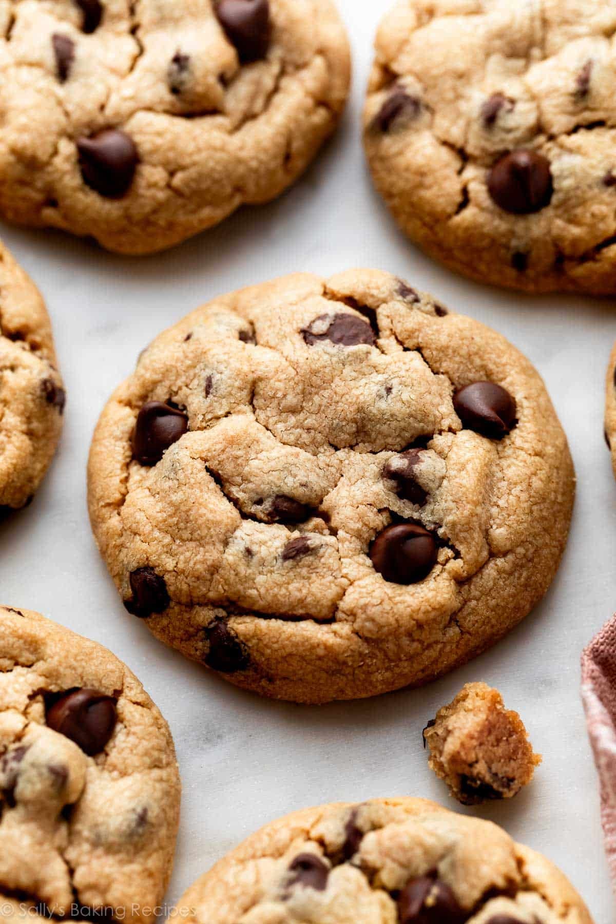 close-up of peanut butter chocolate chip cookie.