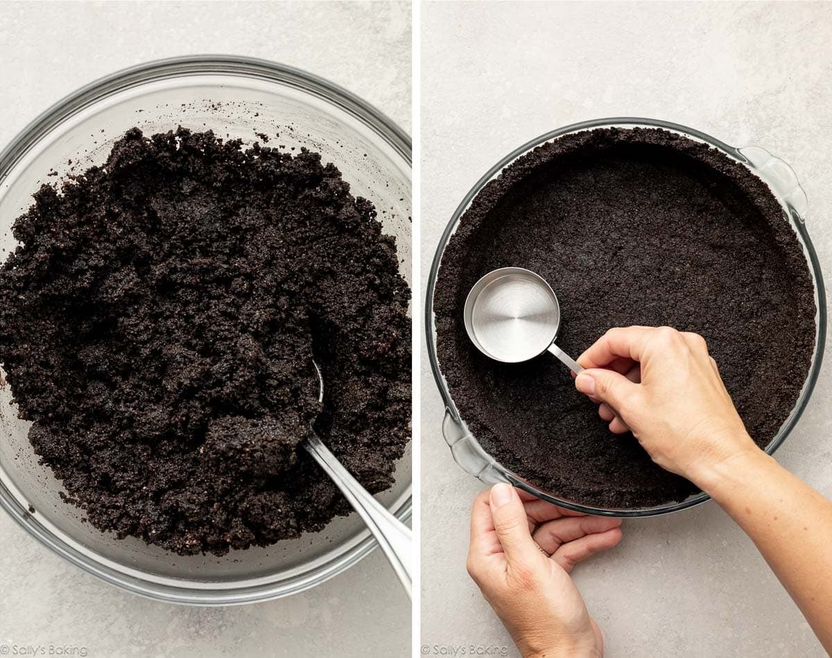 stirring Oreo mixture together and packing the crust into pie dish.