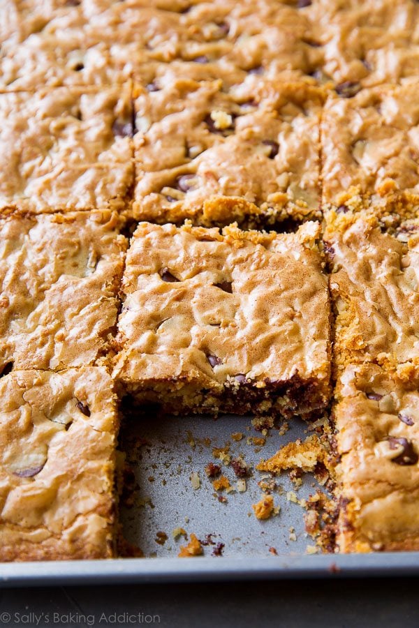 dark chocolate coconut blondies in a baking pan